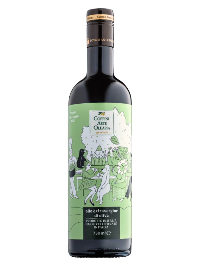 Bottiglia di olio evo in edizione limitata - illustrazione verde con personaggi seduti allo stesso tavolo.