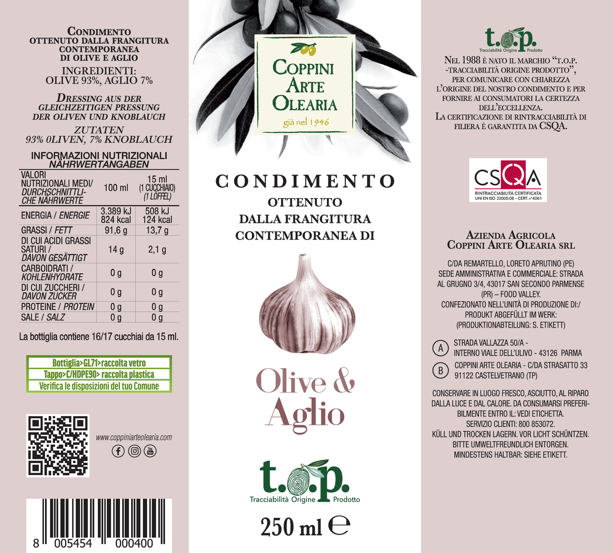 Etichetta Condimento Olio Evo e Aglio di Coppini Arte Olearia