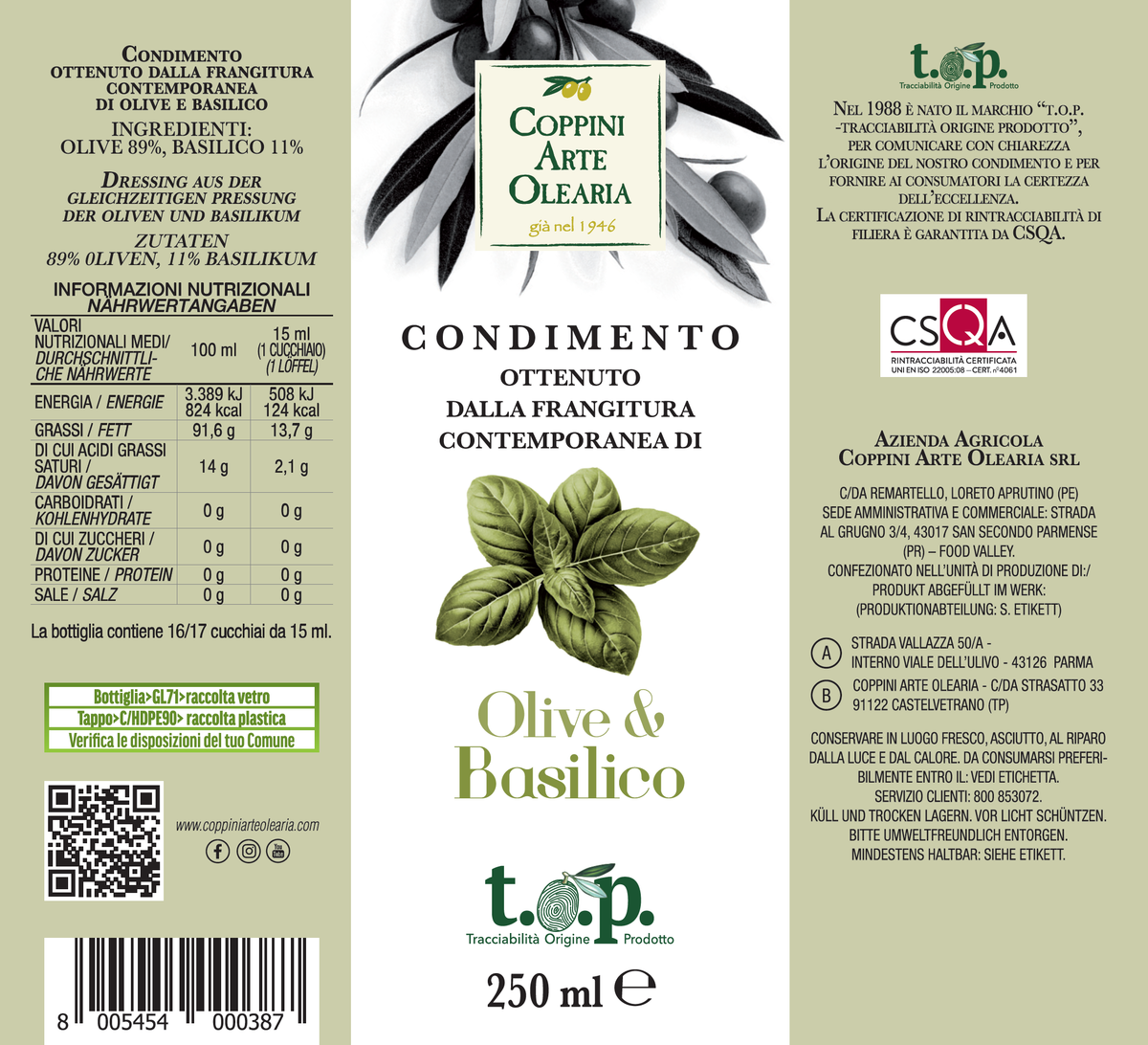 Etichetta Condimento Olio Evo e Basilico di Coppini Arte Olearia