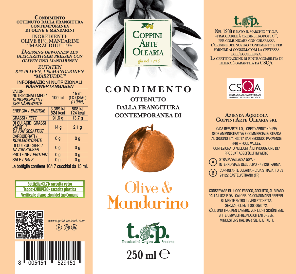 Etichetta Condimento Olio Evo e Mandarino di Coppini Arte Olearia