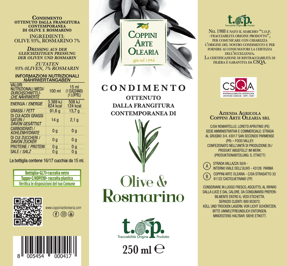 Etichetta Condimento Olio Evo e Rosmarino di Coppini Arte Olearia